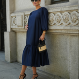 vestido cerimonia midi azul marinho